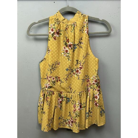 Francesca’s Alya Blouse Tank Top Womens XS Gold Floral Swiss Dot Boho Ruffle - Picture 2 of 9